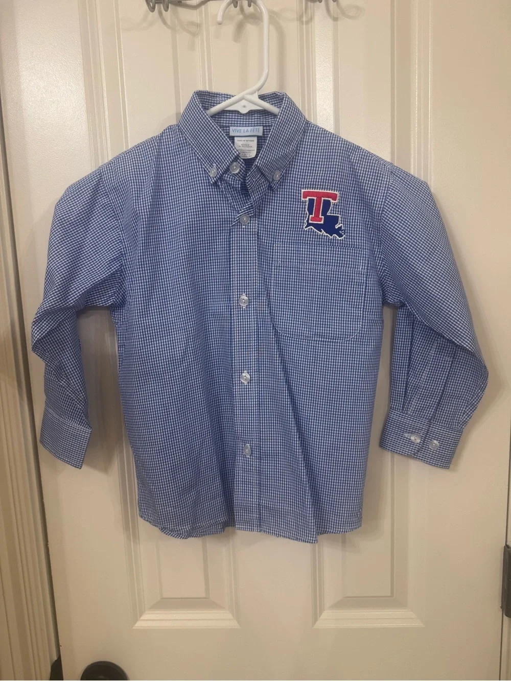 Vine la Vie Boys' Blue Gingham Button-Down Shirt with Red Patch